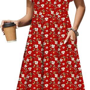 Women Summer Short Sleeve Midi Dress with Pockets Casual Aline Flowy Tshirt Dres